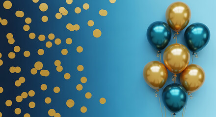 Golden and teal balloons with scattered confetti on blue background