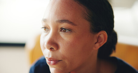 Thinking, nurse and worry with woman in homecare facility for burnout, tired and reflection. Nursing crisis, medical perspective and mental health with person in hospice care for fatigue or stress