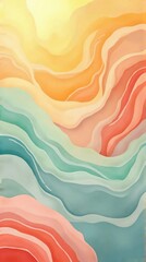Obraz premium A serene abstract background of flowing, wavy shapes in soft pastel watercolor tones of yellow, orange, teal, and coral.