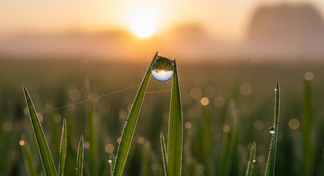 A single, perfectly formed dewdrop clinging to the tip of a vibrant green grass blade in a meadow at sunrise. The background is a soft, natural bokeh of morning light. Nature, fresh, delicate, focus . - Powered by Adobe