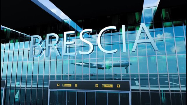 Airlane landing at Brescia. Arrival in the city with reflection of airport and aircraft
