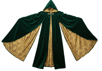 Isolated dark green velvet cloak, with decorative golden lining, for cosplay and fantasy roleplay