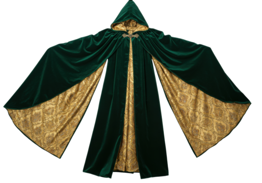 Isolated dark green velvet cloak, with decorative golden lining, for cosplay and fantasy roleplay