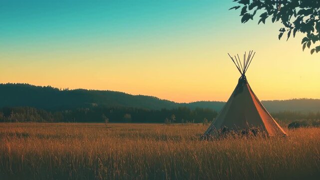 A teepee sits calmly in a vast field as the sun sets behind rolling hills, casting warm hues in the sky. Smoke rises softly, adding to the serene atmosphere of the landscape.