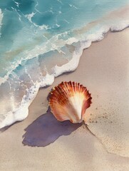 A vibrant seashell rests on a sandy beach, partially covered by gentle waves, This serene image is perfect for beach themes, nature articles, or relaxation promotions,