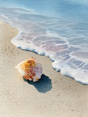 A tranquil beach scene featuring a colorful seashell near gentle waves, ideal for themes like nature, relaxation, and coastal beauty in travel blogs or decor,