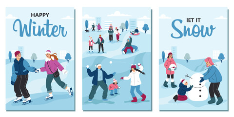 Winter activities cards. People are walking, building a snowman, having a snowball fight, tubing, and ice skating. Flat cartoon vector illustration.