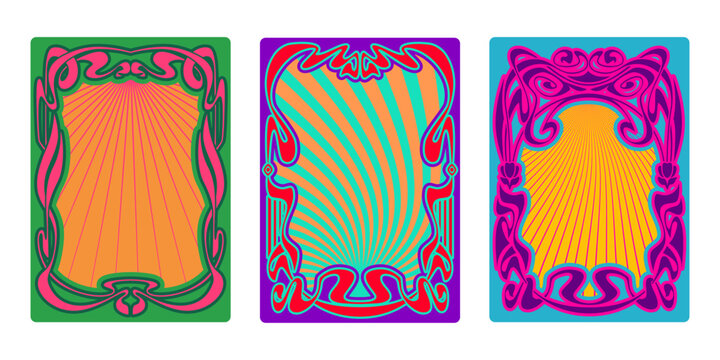 Bright color art nouveau frames collection. Contemporary vector illustration of vintage banner borders decorated with colorful scrolls, hypnotic lines, retro style poster design, psychedelic ornament