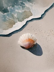 A beautiful scene of a seashell resting on sandy beach with gentle waves in the background, Ideal for travel blogs, marine life promotions, or summer-themed designs,
