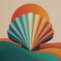 A vibrant illustration featuring a stylized shell with waves and a setting sun, ideal for use in beach-themed designs, travel brochures, or ocean conservation campaigns,