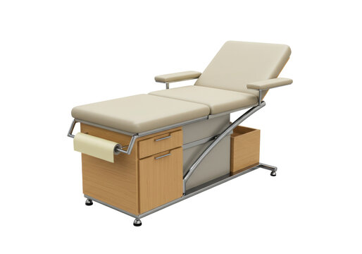 Isolated exam table features drawers, adjustable arms and headrest, and a paper roll holder