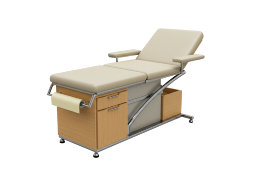 Isolated exam table features drawers, adjustable arms and headrest, and a paper roll holder