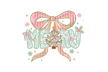 Merry Christmas Patchwork Lettering with Pink Bow and Tree illustration Sublimation Design