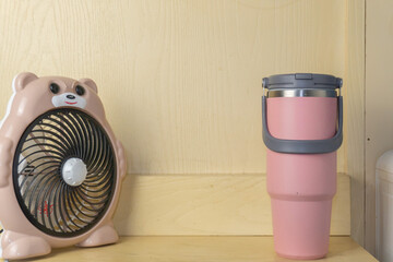 Bear Fan  Pink Tumbler Quirky Desk Still Life with Cool  Refreshing Combo.