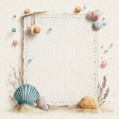 A beautiful seaside-themed frame adorned with seashells, coral, and pastel bubbles, perfect for invitations, beach party decor, or creative projects, Offers a serene, coastal aesthetic,