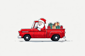 Santa Claus driving a red truck filled with colorful gifts for Christmas celebration