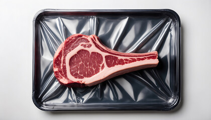 Italian raw steak with marbling, placed in a clean vacuum-sealed look, butcher-style presentation, perfect for meat packaging design, isolated on white