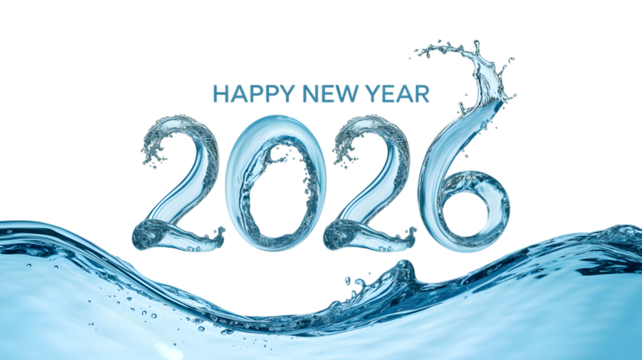 Happy new year 2026 numbers in fresh water splashes on isolated background