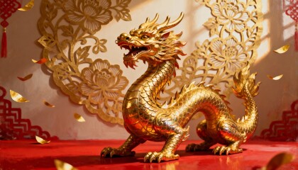 Obraz premium Luxurious Chinese Dragon Figurine on Red Lunar New Year Setup