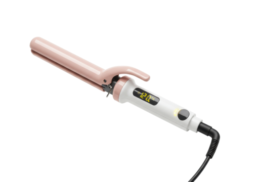 Isolated hair curling iron, pink and white styling appliance for hairdressing beauty salon use