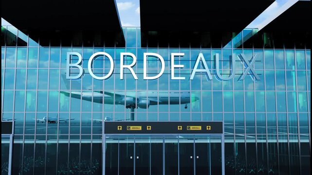 Airlane landing at Bordeaux. Arrival in the city with reflection of airport and aircraft