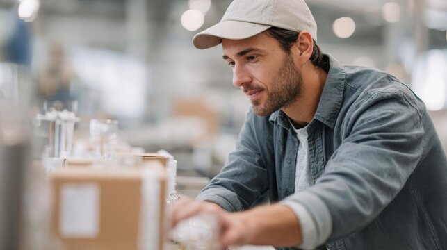 A young man wearing a beige baseball cap and a denim jacket. he is standing in a warehouse or factory, and he is looking down at a cardboard box on a table.