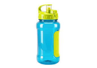 Isolated water bottle with handle, blue hydration container for sports and fitness use
