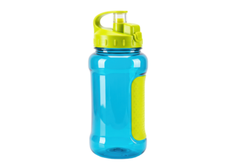 Isolated water bottle with handle, blue hydration container for sports and fitness use