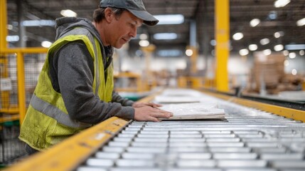A man working in a warehouse. he is wearing a grey hoodie, a yellow high visibility vest, and a baseball cap. he appears to be focused on his work, as he is holding a piece of paper in his hands.
