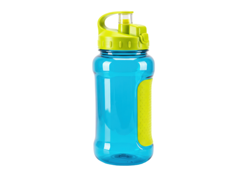Isolated water bottle with handle, blue hydration container for sports and fitness use