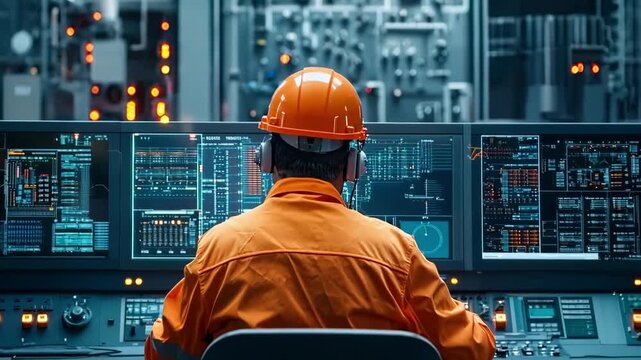 A man in an orange hard hat sitting at a control panel in a factory