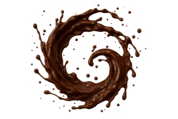 Chocolate liquid splash forming spiral shape, swirling brown molten cocoa drink droplets, dynamic sweet food dessert