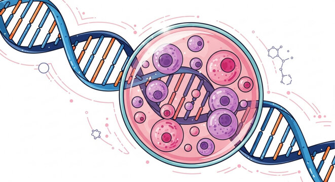 Dna structure and cells illustration for biology genetics research and medical science presentation design