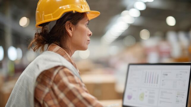 Woman wearing a yellow hard hat and a plaid shirt, working on a laptop in a warehouse. she appears to be focused on the laptop screen, which is displaying various graphs and charts.