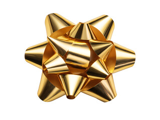 Gold metallic gift bow ribbon decoration, shiny festive present topper isolated on transparent background