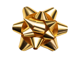 Gold metallic gift bow ribbon decoration, shiny festive present topper isolated on transparent background