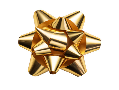 Gold metallic gift bow ribbon decoration, shiny festive present topper isolated on transparent background