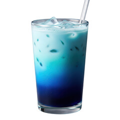 Iced blue butterfly pea milk isolated on transparent background, a refreshing and vibrant beverage perfect for summer, showcasing a gradient of blue hues
