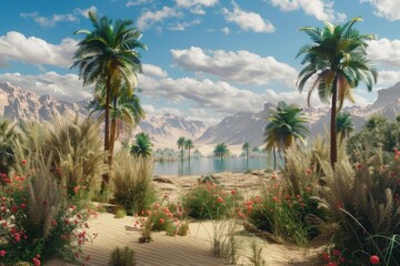 Fototapeta premium Palm trees and flowers growing around a vibrant oasis in a desert landscape, offering a welcome respite from the arid surroundings