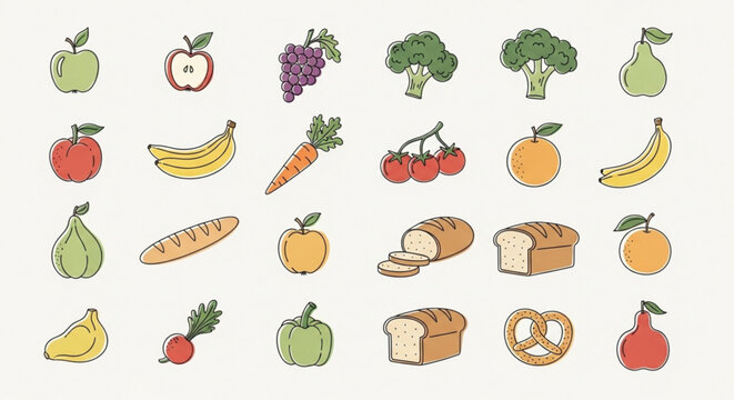 Healthy food vector illustration featuring fruits vegetables and bakery items for diet and nutrition 100