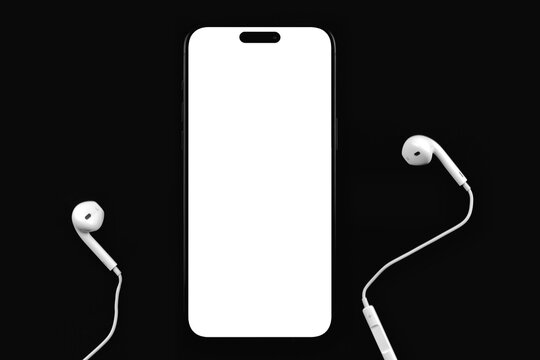 mockup mobile smartphone iPhone with transparent png, empty screen template with EarPods wired headphones on black background. Batumi, Georgia - September 7, 2025