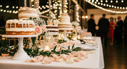 Elegant dessert table adorned with beautiful cakes and floral decorations, creating a festive atmosphere for a celebration or special event