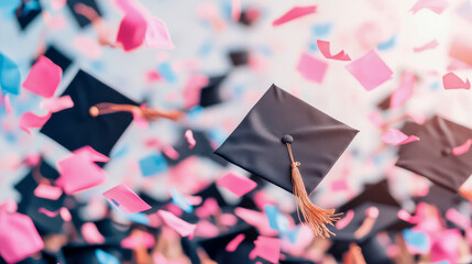 Vibrant celebration of academic success with black graduation caps and colorful confetti soaring through air in joyful moment