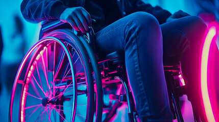 Vibrant neon glow illuminates person confidently navigating in modern wheelchair, highlighting accessibility and dynamic urban life and independence
