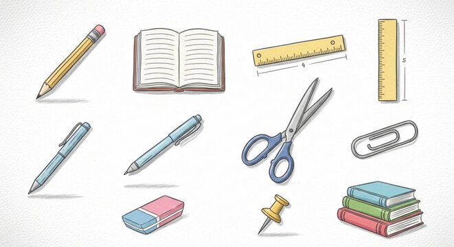 Back to school supplies vector: pencil, pen, book, ruler, scissors, eraser, clip, thumbtack, books