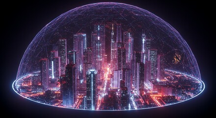 Futuristic cityscape, encased within a digital dome, emitting vibrant neon lights