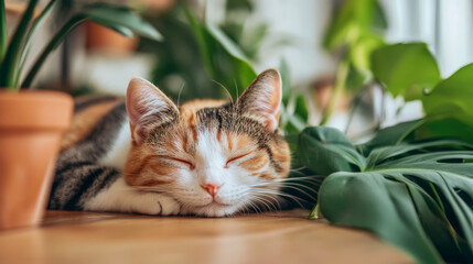 Tranquil scene of contented calico cat peacefully sleeping amidst vibrant green indoor plants, showcasing cozy domestic environment.
