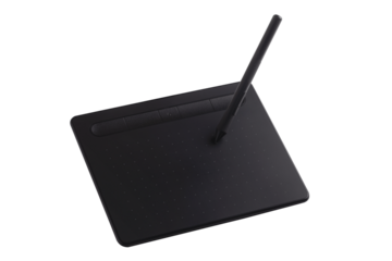 Black digital graphics tablet and stylus pen isolated on transparent background, ideal for creative design, illustration, and digital art projects.