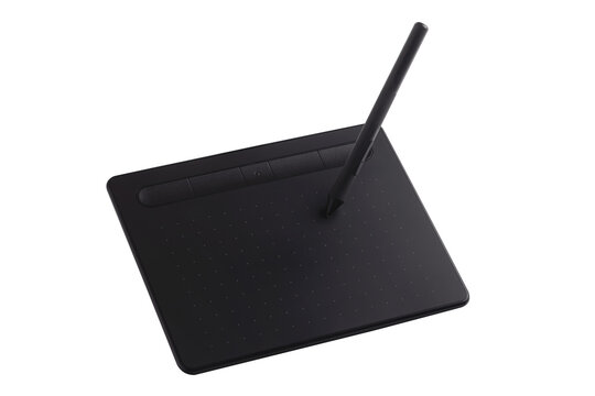 Black digital graphics tablet and stylus pen isolated on transparent background, ideal for creative design, illustration, and digital art projects.