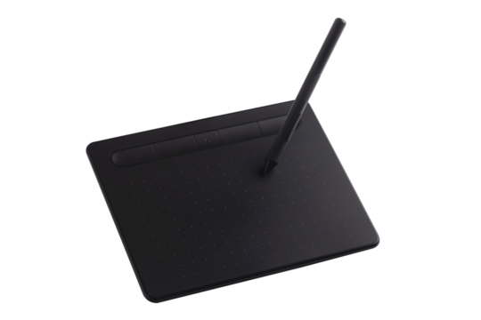Black digital graphics tablet and stylus pen isolated on transparent background, ideal for creative design, illustration, and digital art projects.